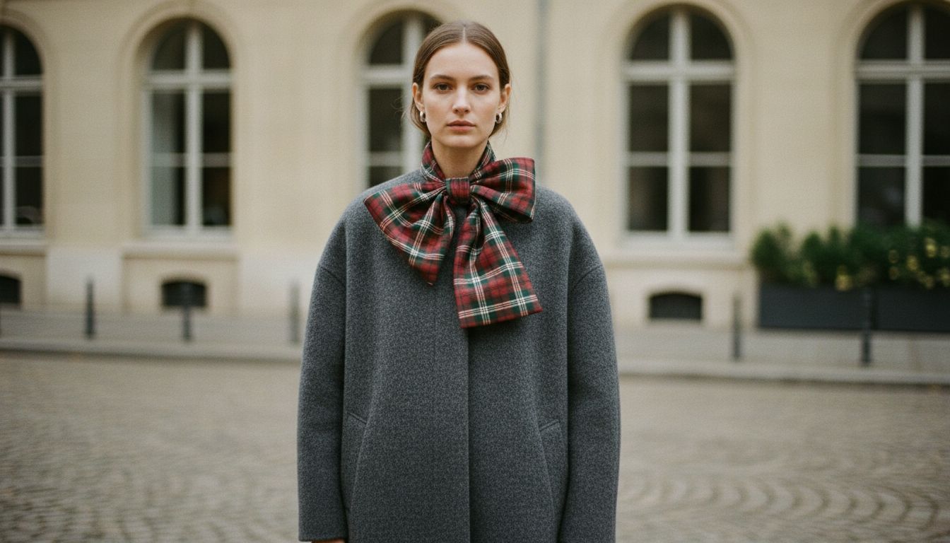 Девушка в объемном шерстяном пальто, на воротнике которого закреплен большой бант из клетчатой тафты.