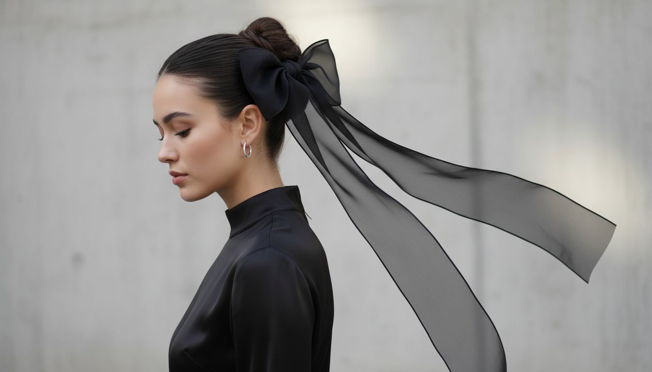 Девушка, демонстрирующая высокий пучок, украшенный широким бантом из черной органзы с длинными ниспадающими концами.