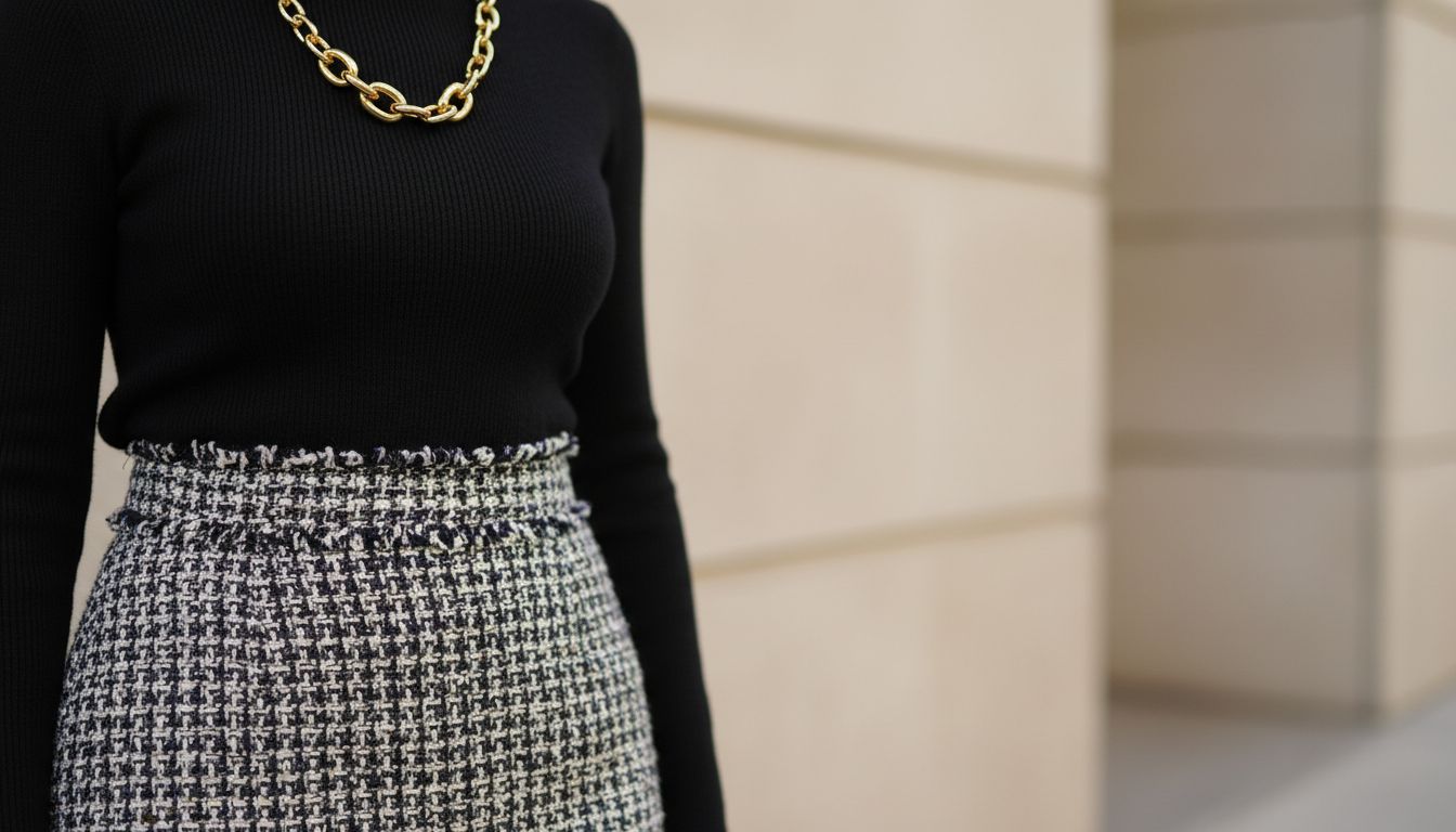 Крупный план твидовой юбки-карандаш с контрастной текстурой, заправленной в нее водолазки и массивного золотого колье