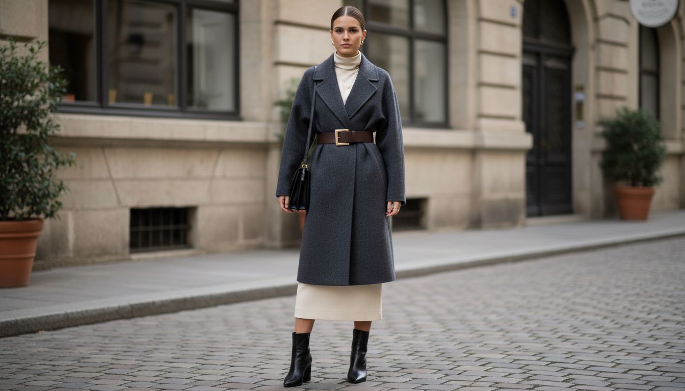 Модный образ с юбкой-карандаш и пальто-оверсайз, зафиксированным широким ремнем на талии