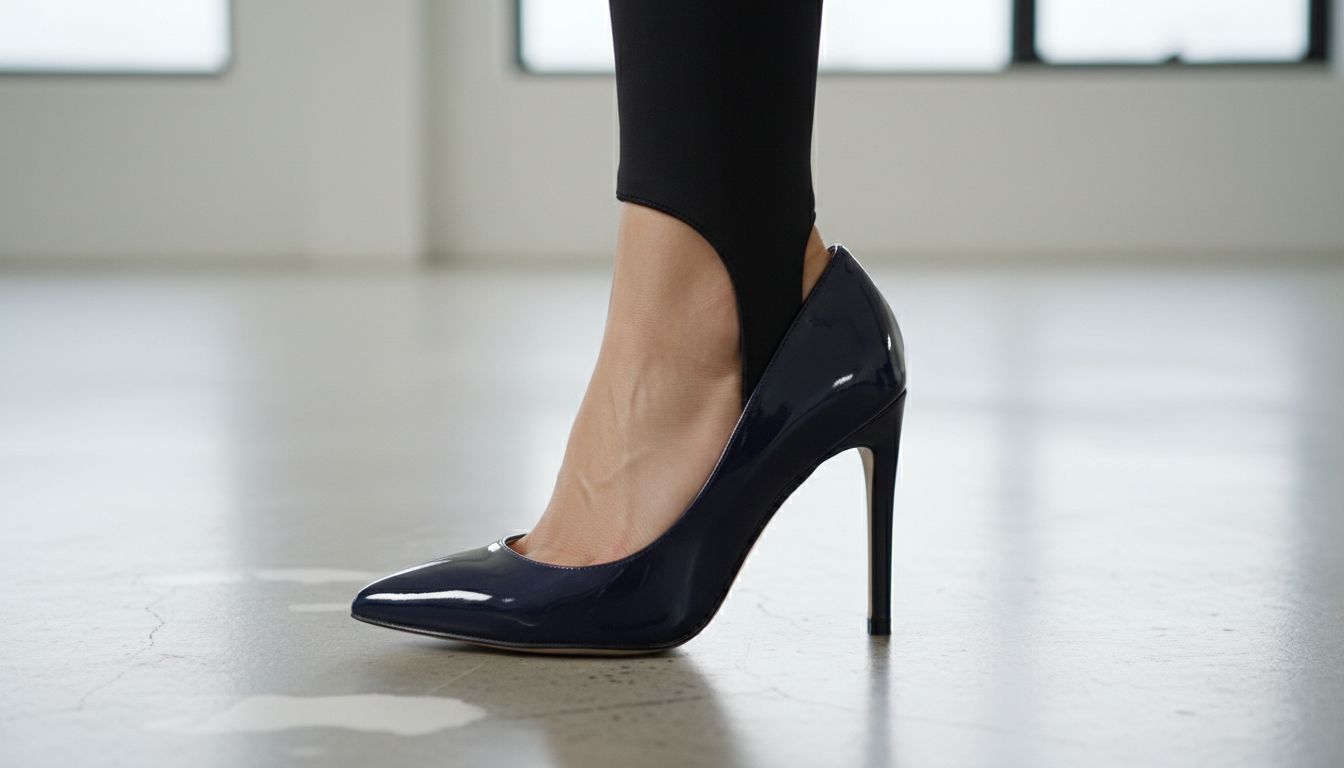 Крупный план, показывающий, как штрипка леггинсов обхватывает стопу и фиксируется под изящной туфлей на шпильке.