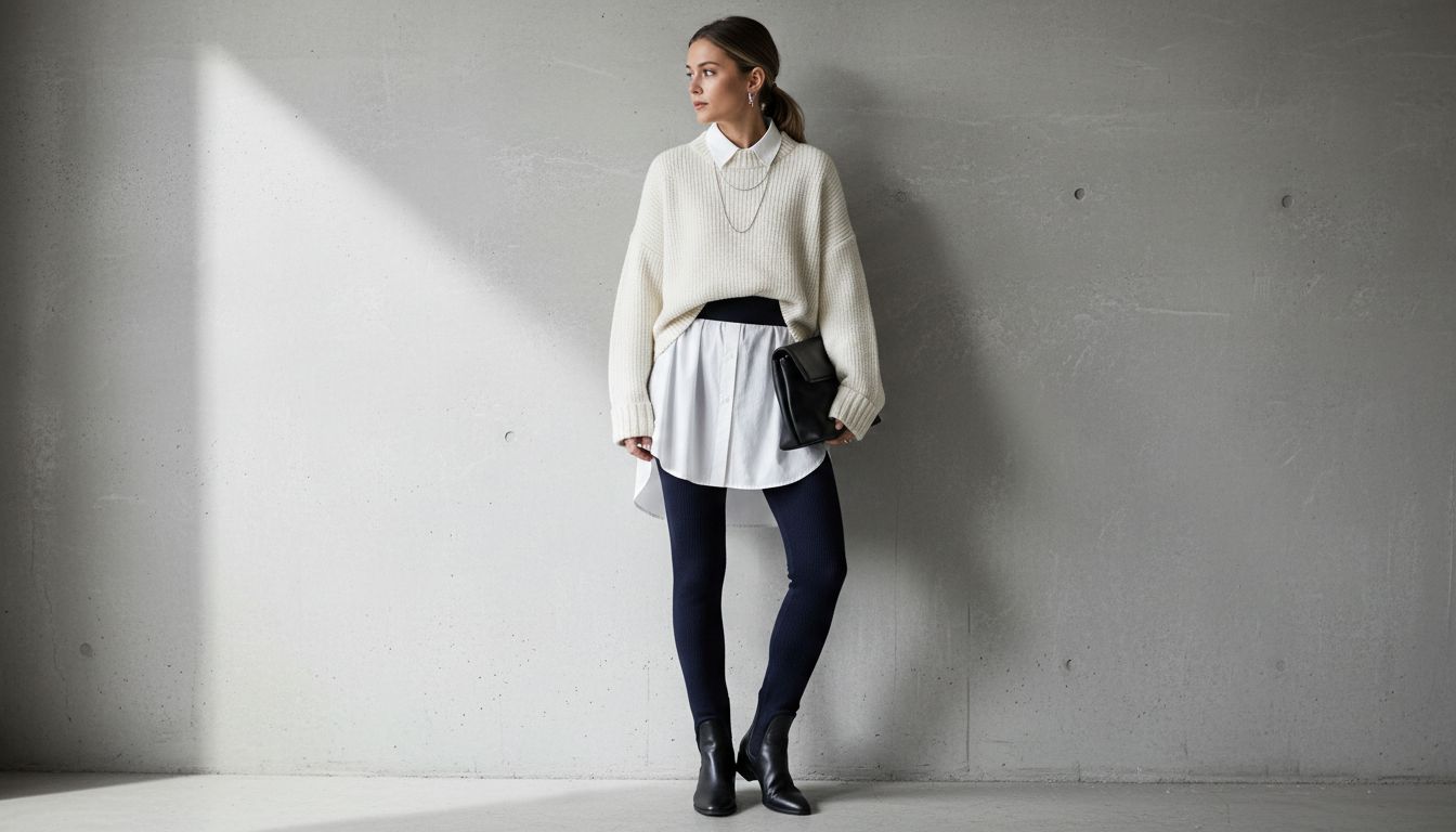 Девушка в леггинсах со штрипками из плотного темно-синего трикотажа, стилизованных с длинной белой рубашкой и оверсайз-свитером.