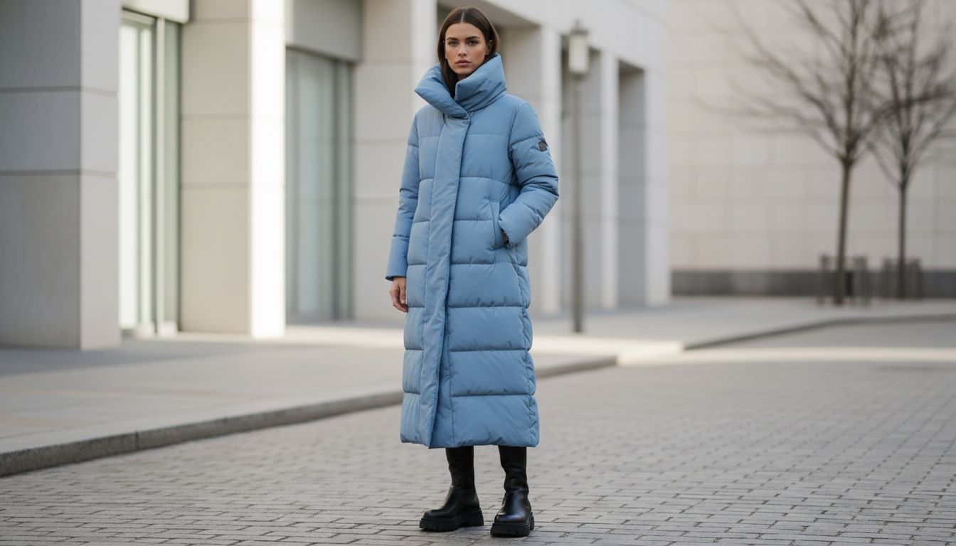 Девушка в длинном, стеганом пуховике оттенка небесно-синий, с высоким воротником и массивными ботинками.