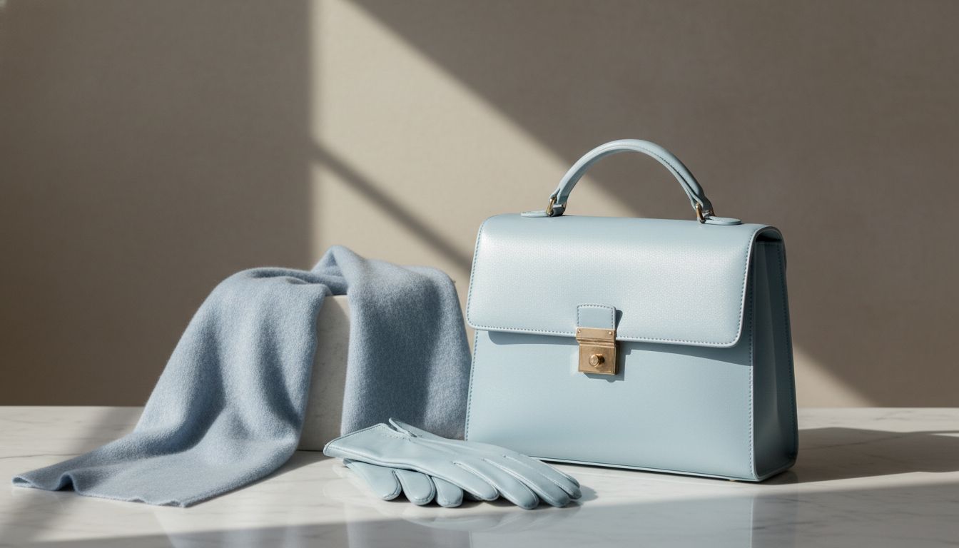 Аксессуары в оттенке Frosty Blue – кожаные перчатки, кашемировый шарф и структурированная сумка-портфель.