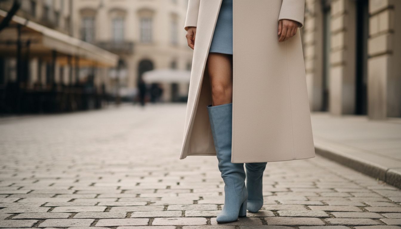 Деталь: высокие замшевые сапоги в оттенке небесно-синий, выглядывающие из-под макси-пальто.