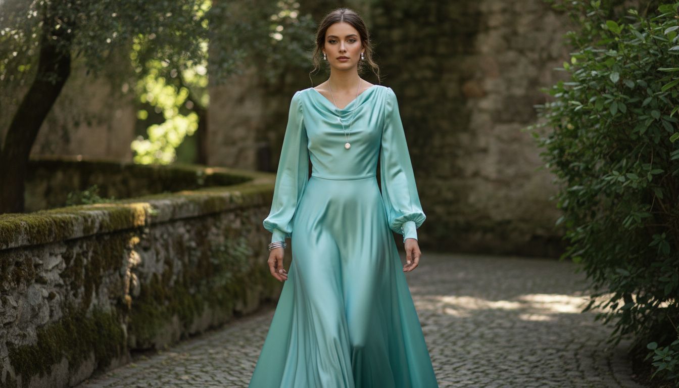 Финальный образ: девушка в длинном, струящемся платье из атласа оттенка ледяной аквамарин, с минималистичными украшениями.