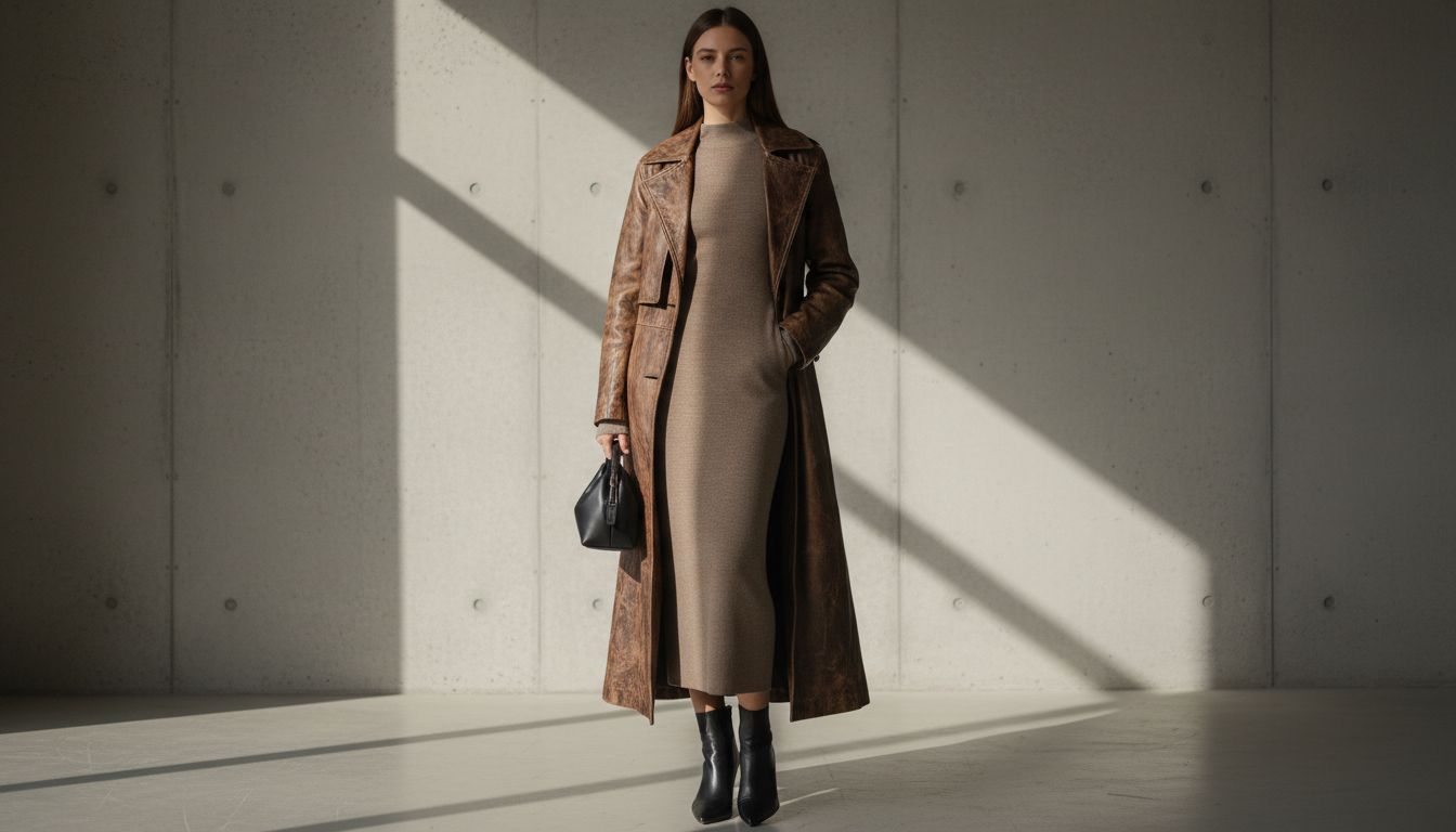 Стилизованный тотал-лук: кожаное макси-пальто из потертой кожи, надетое поверх тонкого трикотажного платья.