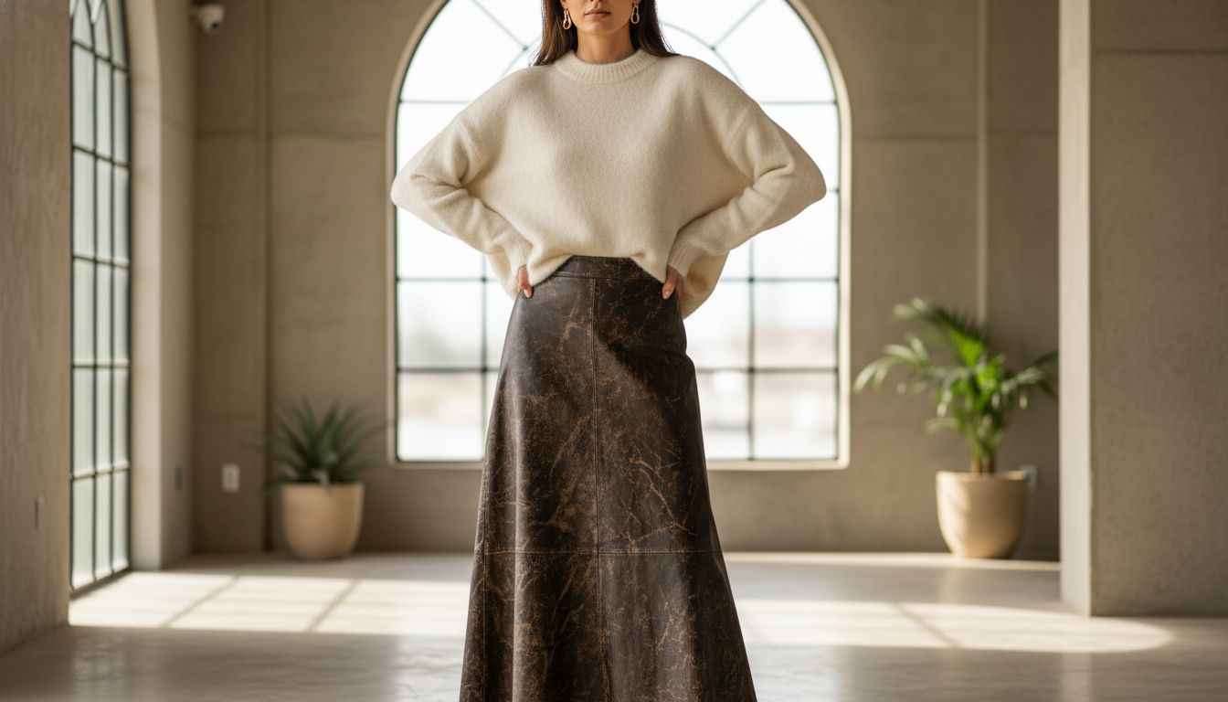 Женщина в объемном свитере из альпаки и потрескавшейся кожаной юбке-макси, демонстрирующая контраст текстур.
