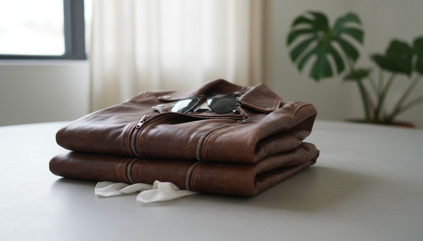 Детали: аккуратно сложенная косуха из состаренной кожи, демонстрирующая глубокие складки и патину на рукавах.