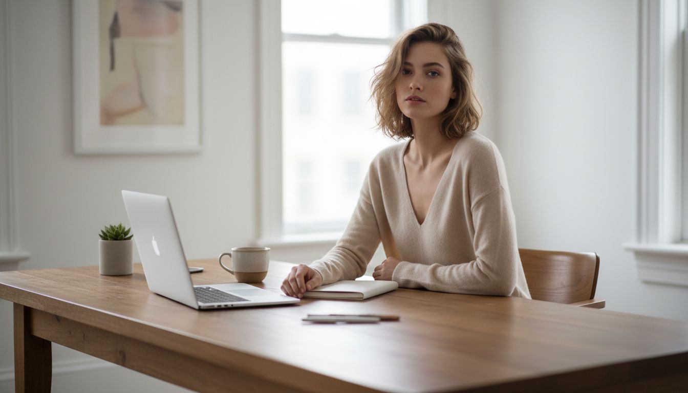 Девушка в бежевом кашемировом свитере с глубоким V-вырезом, надетом на голое тело, сидящая за рабочим столом.