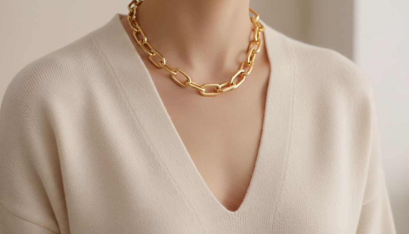 Крупный план на золотое колье-цепь, лежащее в глубоком V-вырезе свитера, демонстрирующий идеальную вертикаль.