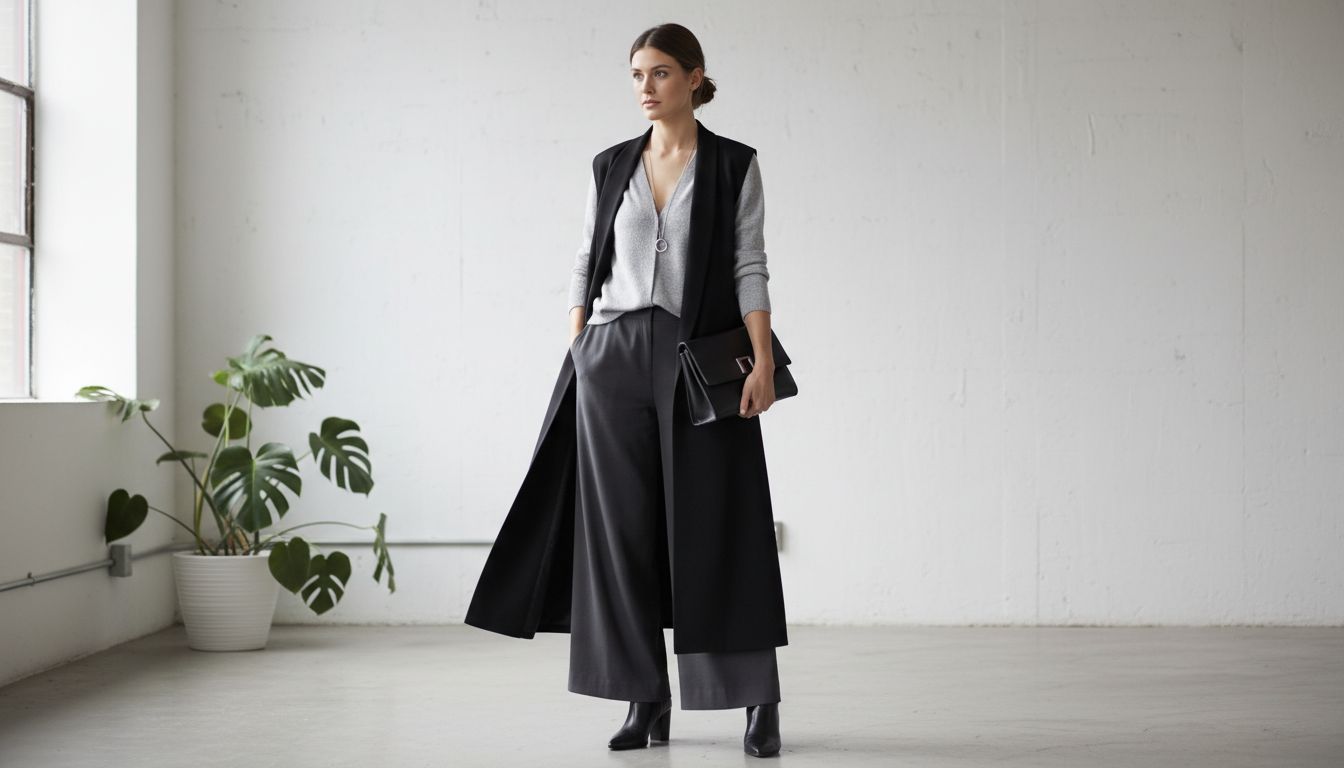 Образ с длинным черным жилетом, надетым поверх серого кардигана с V-вырезом, и брюками палаццо.