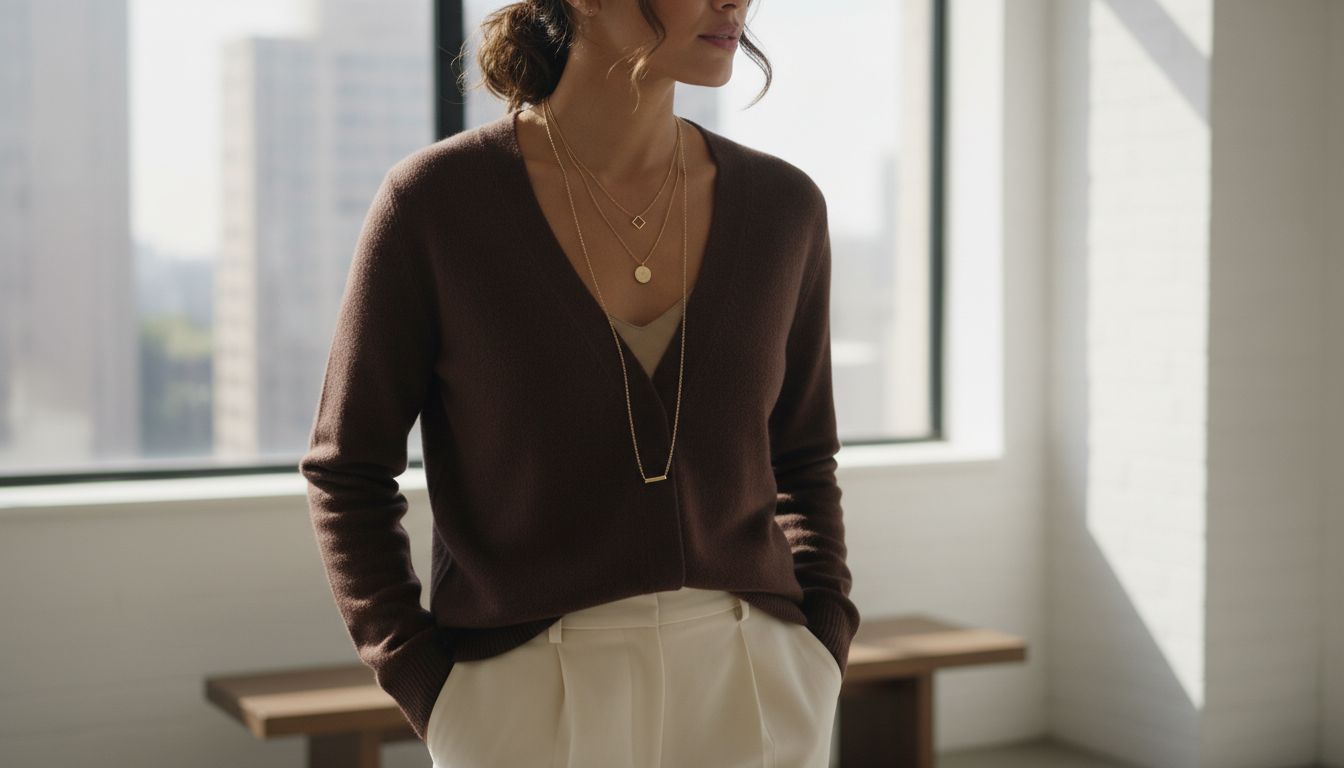 Стилизация кардигана цвета «глубокий эспрессо» с V-вырезом и длинными тонкими золотыми цепочками.