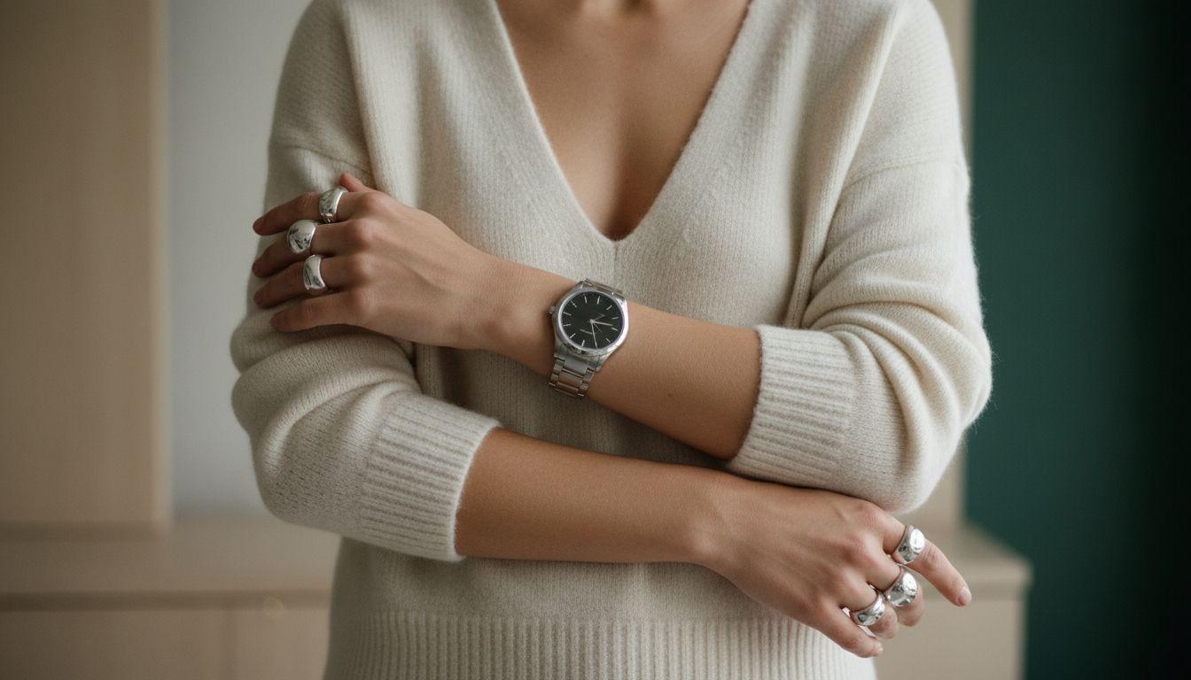 Свитер с глубоким V-вырезом, стилизованный с массивными часами и кольцами, подчеркивающий элегантность рук.