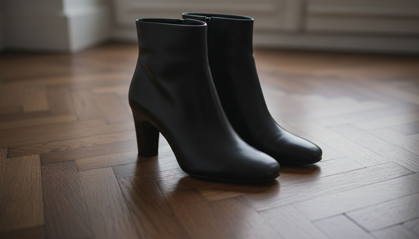 Крупный план элегантных черных сапог с четким, слегка закругленным квадратным мысом, стоящих на паркете.