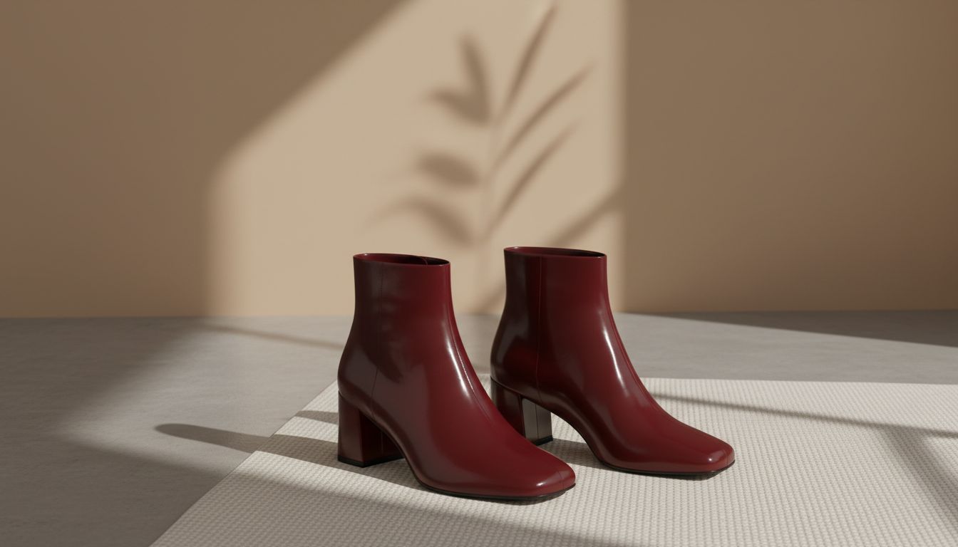 Ботильоны с квадратным мысом из бордовой лаковой кожи, создающие эффектный контраст.