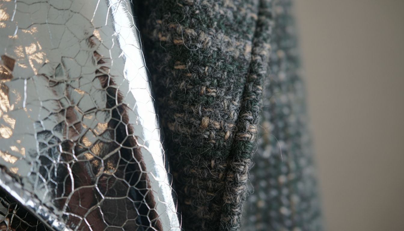 Крупный план на фактуру хромированной кожи, отражающей свет, рядом с грубым шерстяным пальто.