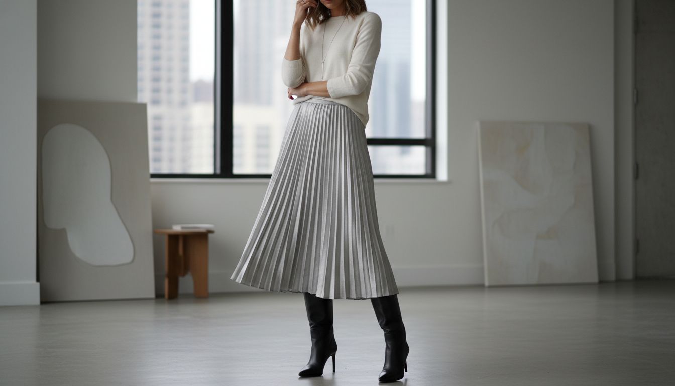 Стилизованный образ: Серебряная юбка-макси в сочетании с белым тонким кашемировым свитером и высокими черными сапогами.