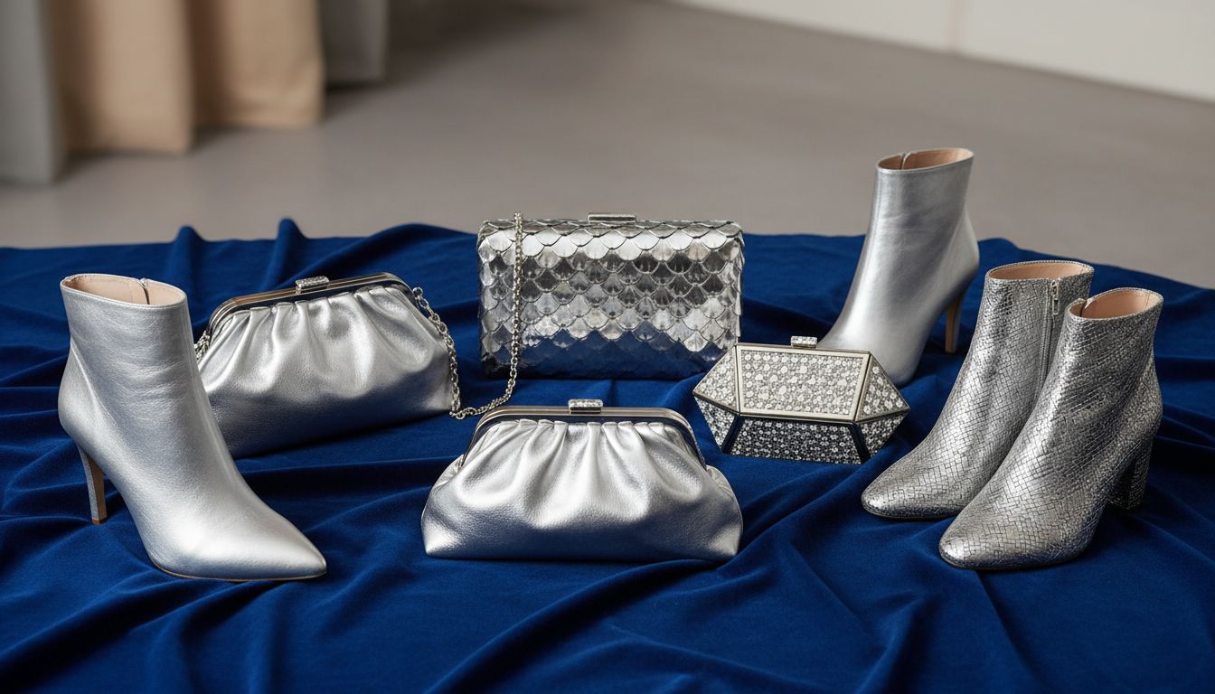 Аксессуары: Несколько серебряных сумок-клатчей и ботильонов, лежащих на бархатной ткани.