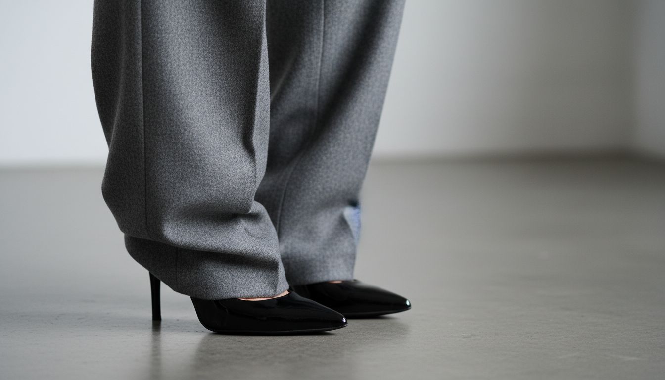 Крупный план на низ брюк Puddle Pants из плотной серой шерсти, лежащих складками на остроносой черной обуви на каблуке.