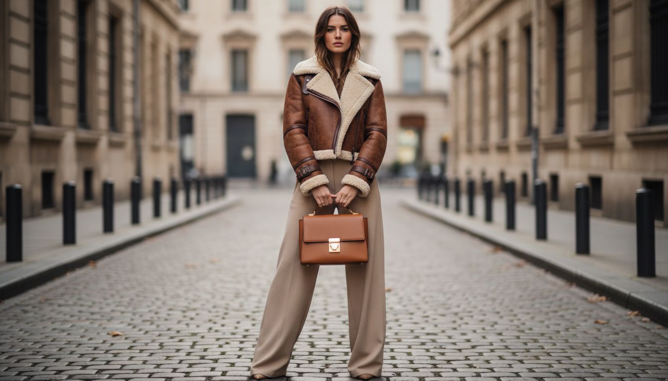 Девушка в бежевых Puddle Pants, носит их с укороченной дубленкой-авиатором с овчиной и держит структурированную сумку-портфель.