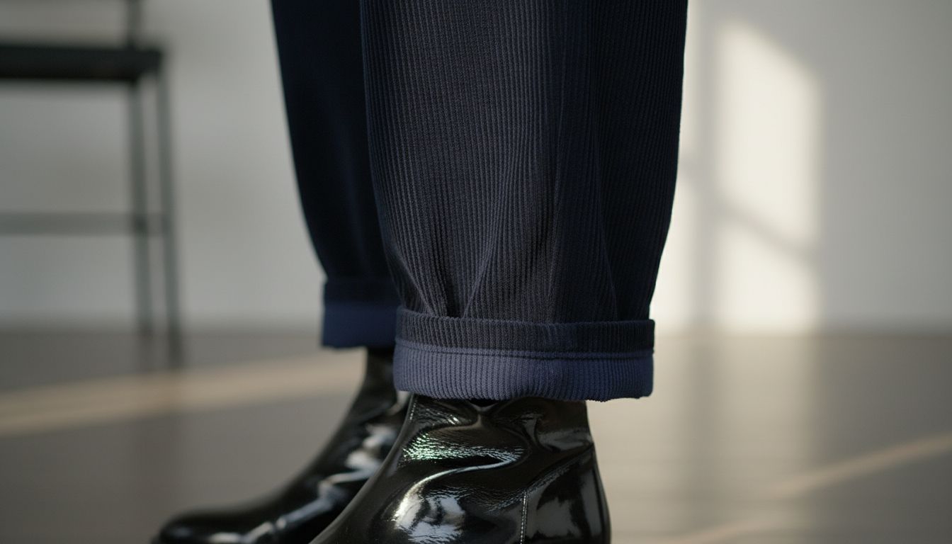 Крупный план на текстуру брюк Puddle Pants из плотного вельвета темно-синего цвета, сочетающихся с глянцевыми ботинками.