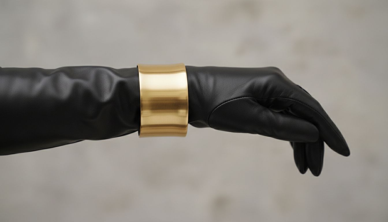 Рука в длинной черной перчатке из гладкой кожи, поверх которой надет широкий золотой браслет-манжета.