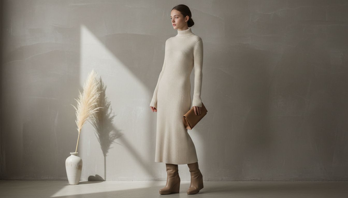 Девушка в длинном трикотажном платье и сапогах на закрытой танкетке, подчеркивающих вертикаль.