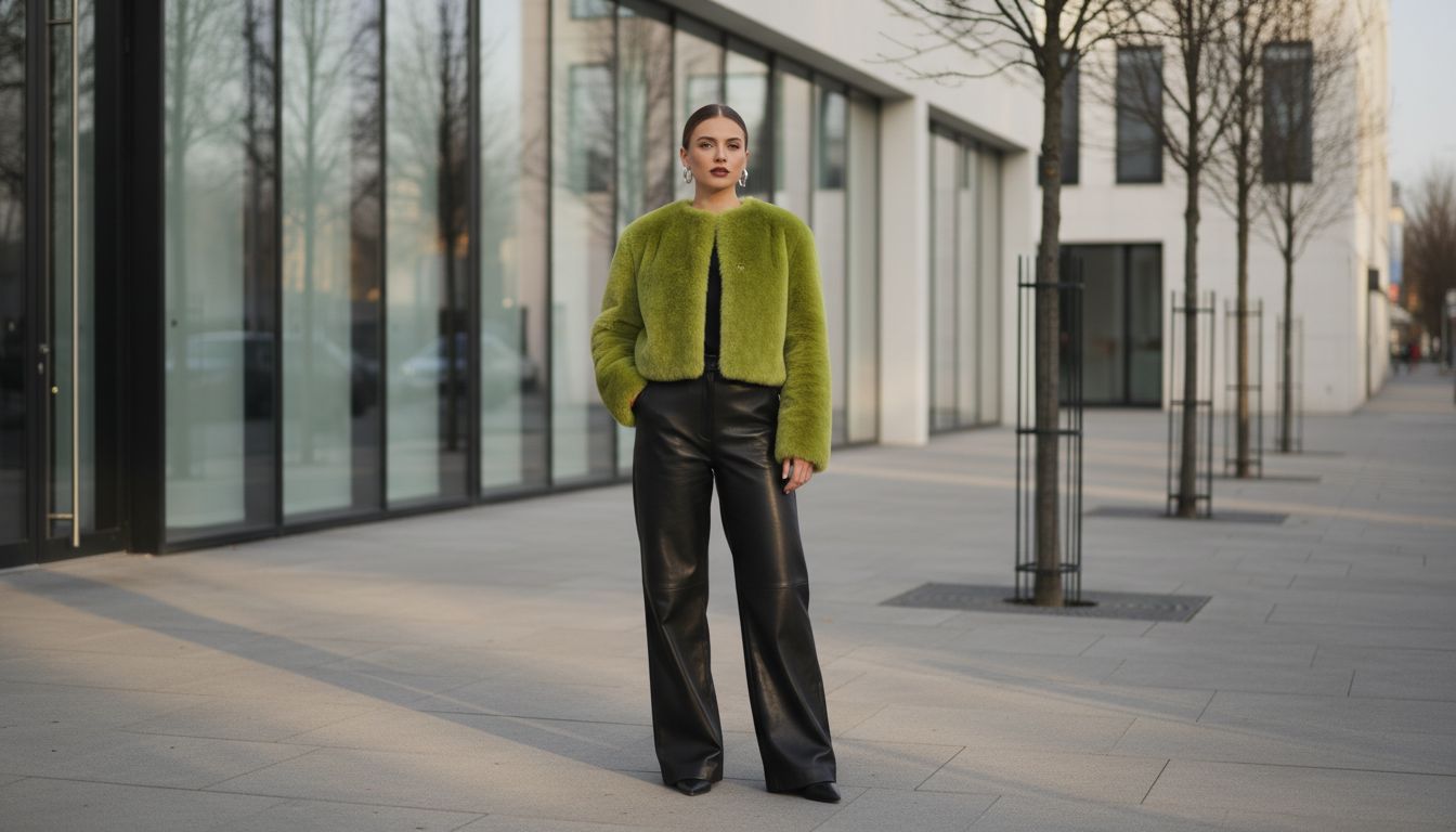 Девушка в укороченной ярко-зеленой шубе из искусственного меха и широких брюках из черной матовой кожи.