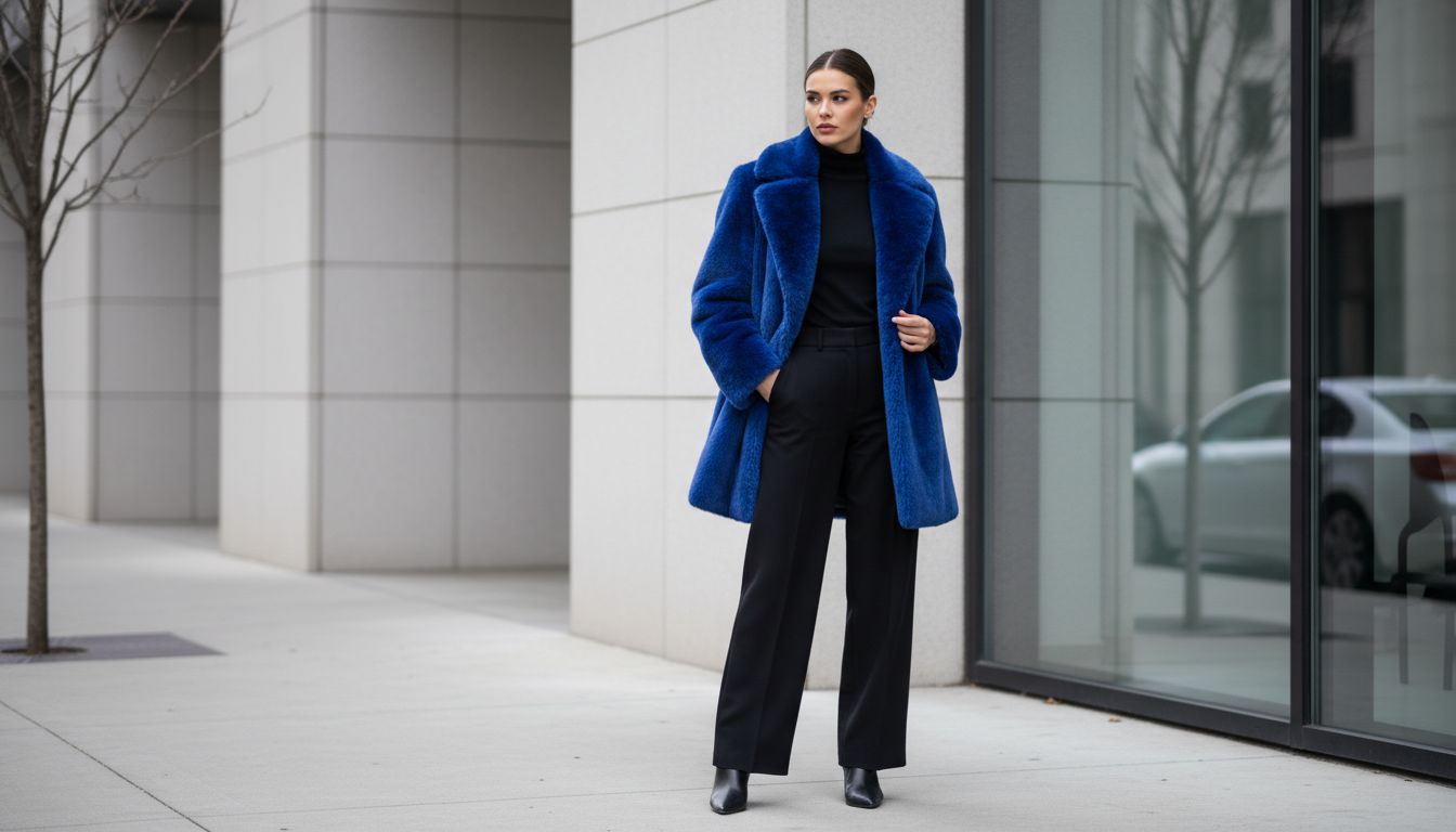 Девушка в шубе из ярко-синего искусственного меха с широкими плечами, надетой поверх полностью черного ансамбля.