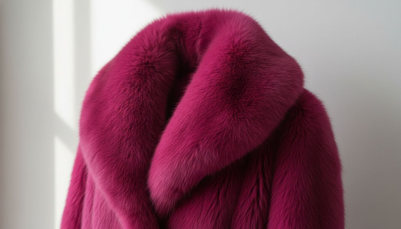 Крупный план воротника шубы из искусственного меха цвета фуксии, демонстрирующий плотную, высококачественную фактуру.