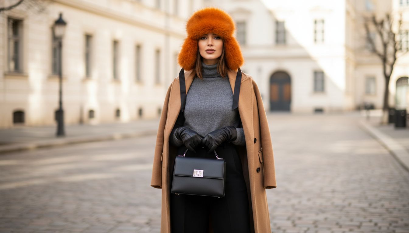 Девушка в шапке-ушанке из оранжевого искусственного меха, в руках у нее структурированная черная сумка.