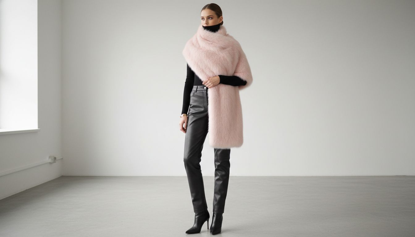 Модель в длинном шарфе из розового меха, стилизованном с кожаными брюками и высоким воротником.