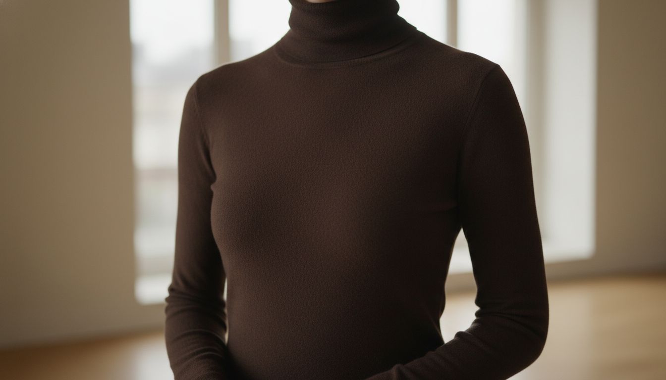 Крупный план платья-водолазки из тонкого кашемира в оттенке 'Глубокий Эспрессо', демонстрирующий идеальную посадку и фактуру.
