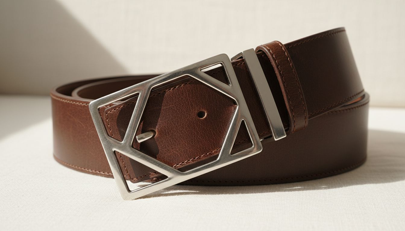 Крупный план широкого кожаного ремня с массивной металлической пряжкой геометрической формы.