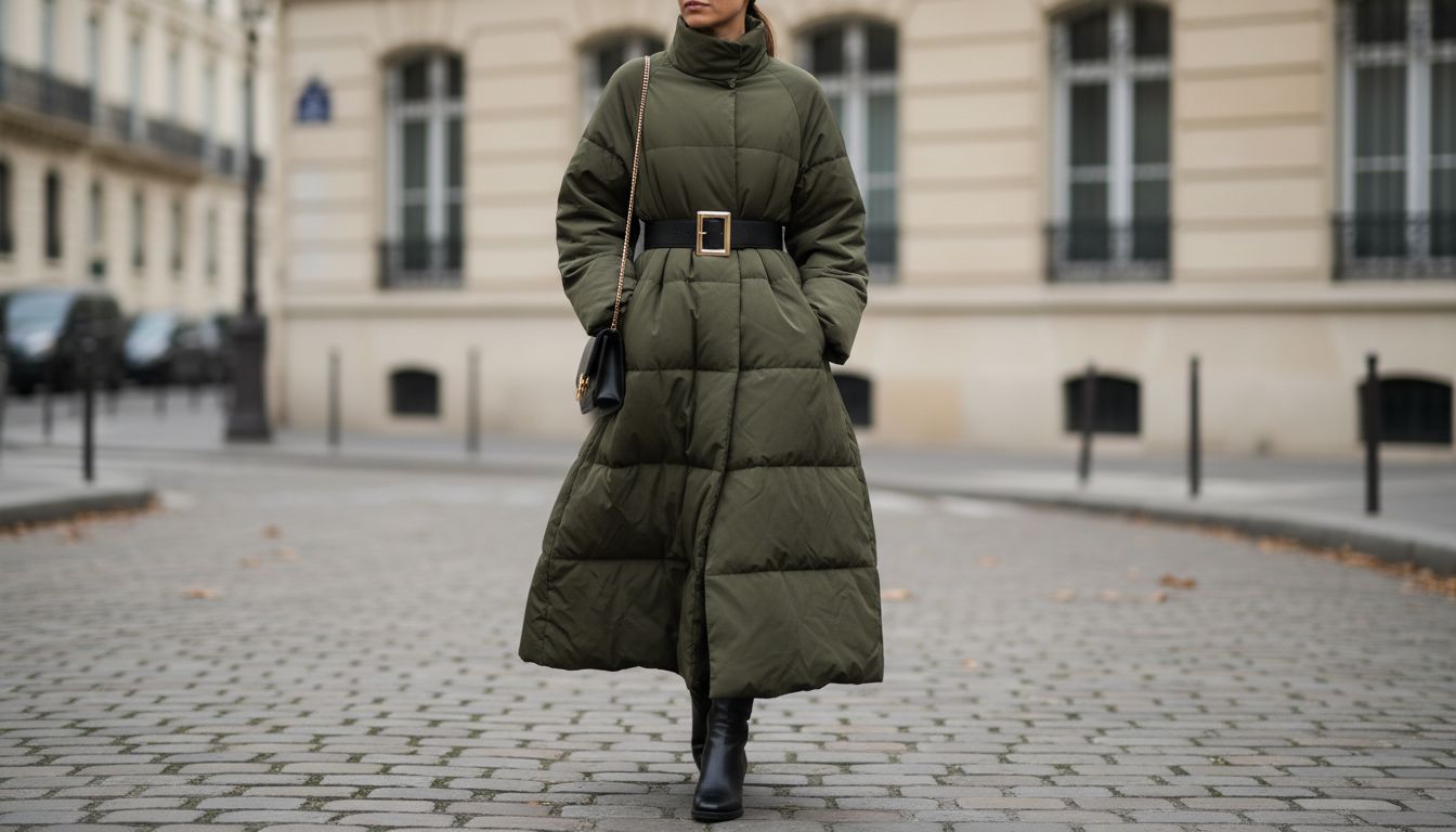 Женщина в длинном пуховике оливкового цвета, перехваченном широким черным кожаным ремнем с минималистичной золотой пряжкой.