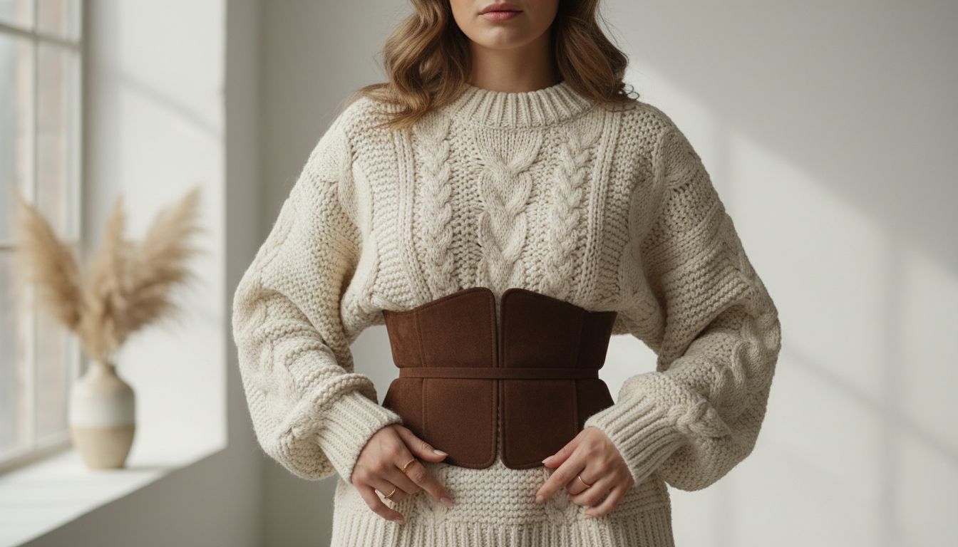 Девушка в белом объемном свитере крупной вязки, перехваченном замшевым широким поясом, создающим эффект корсета.