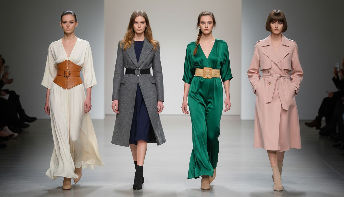 Ряд моделей на подиуме, демонстрирующих разные варианты стилизации широких ремней поверх платьев и пальто.