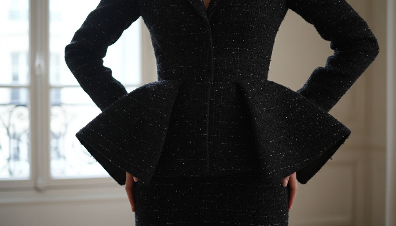 Крупный план скульптурной баски на жакете из плотного черного твида, подчеркивающей контраст между тонкой талией и объемом бедер.