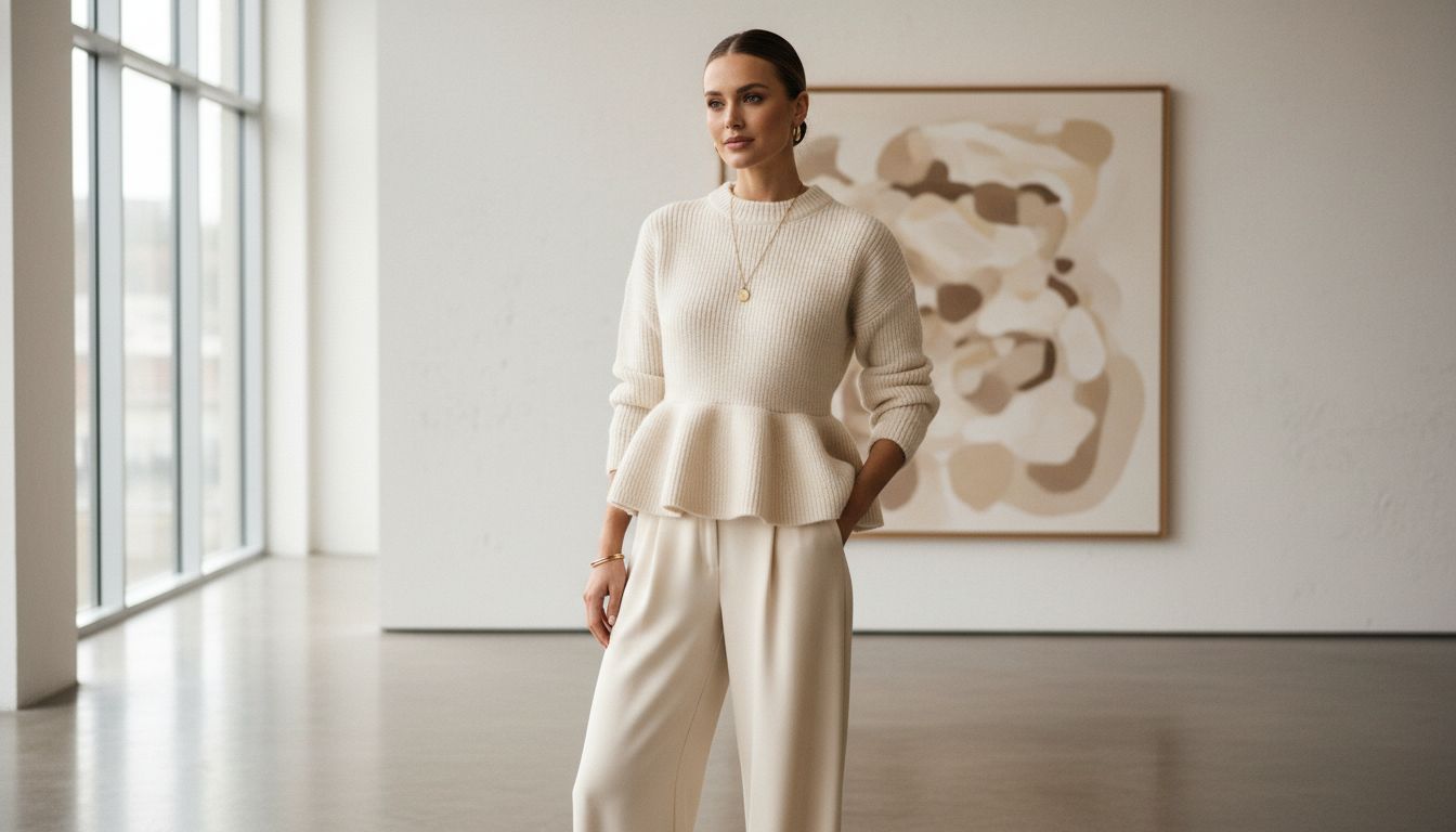 Женщина в трикотажном свитере с плотной баской кремового цвета, сочетает его с широкими брюками в тон и минималистичными украшениями.