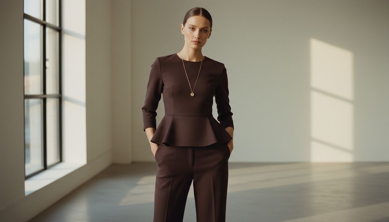 Стилизованный тотал-лук в цвете «глубокий эспрессо»: топ с баской и широкие брюки, дополненные минималистичным колье.