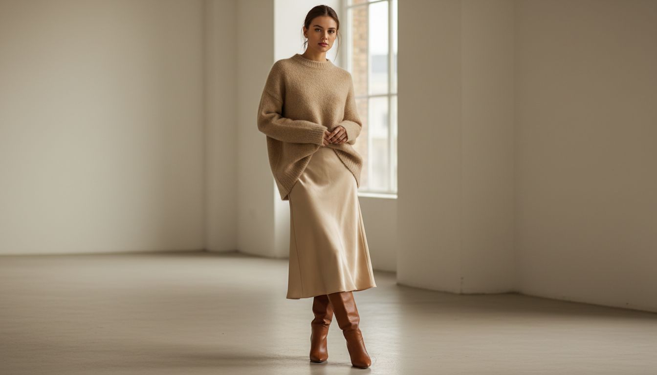 Девушка в бежевом мохеровом свитере оверсайз, частично заправленном в атласную юбку цвета шампанского. Образ дополнен высокими сапогами.