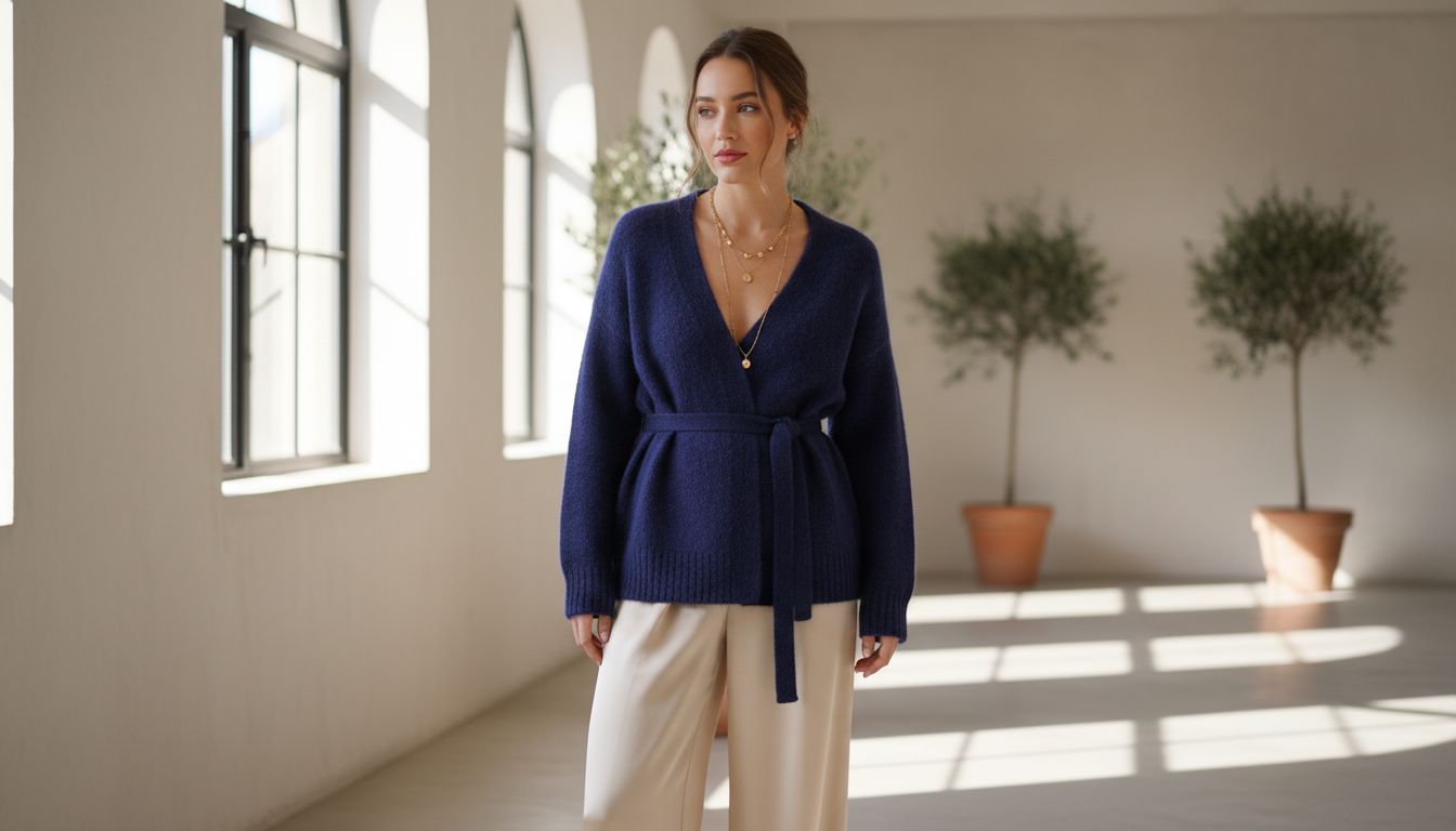 Стилизованный образ: мохеровый кардиган глубокого синего цвета, застегнутый на талии, сочетается с атласными брюками-палаццо и тонким золотым колье.
