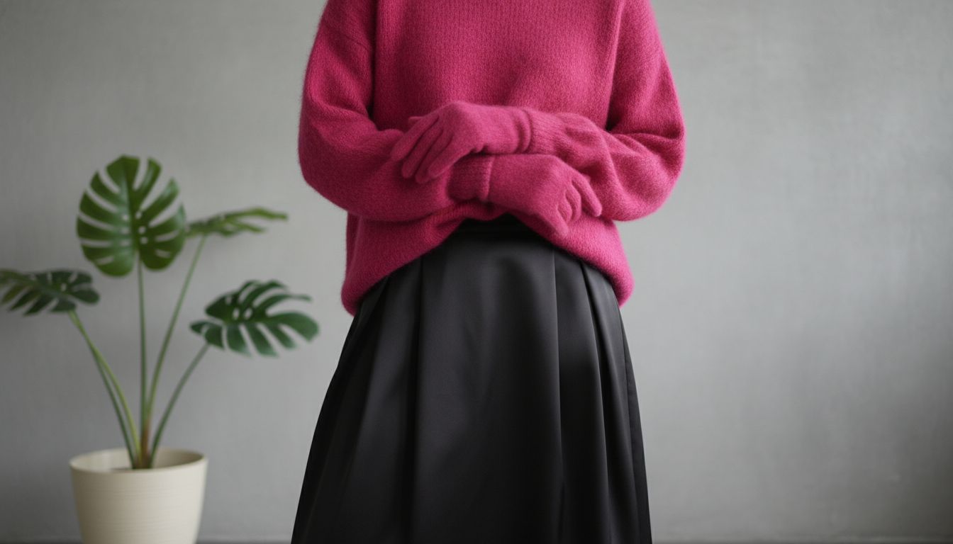 Стилизованный look: крупный мохеровый свитер цвета фуксии, заправленный в черную юбку-миди из плотного атласа, дополненный перчатками в тон.