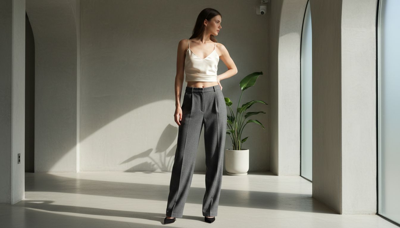 Модель в топе с заниженной талией из тонкого шелка, стилизованном с широкими шерстяными брюками и каблуками.