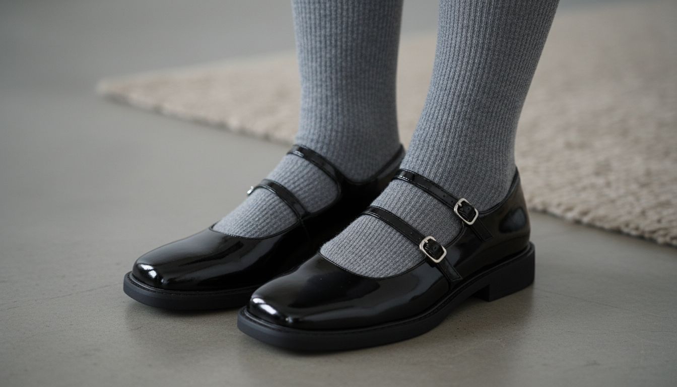 Крупный план черных лаковых Мэри-Джейнс с квадратным мысом, надетых на плотные серые колготки с легкой фактурой.