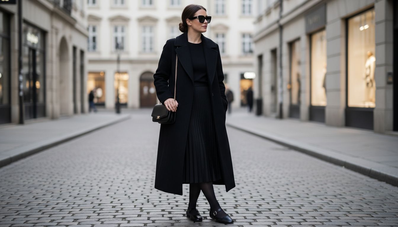 Стильный тотал-блэк образ: девушка в длинном шерстяном пальто, юбке-миди, плотных черных колготках и классических балетках Mary Jane с двумя ремешками.