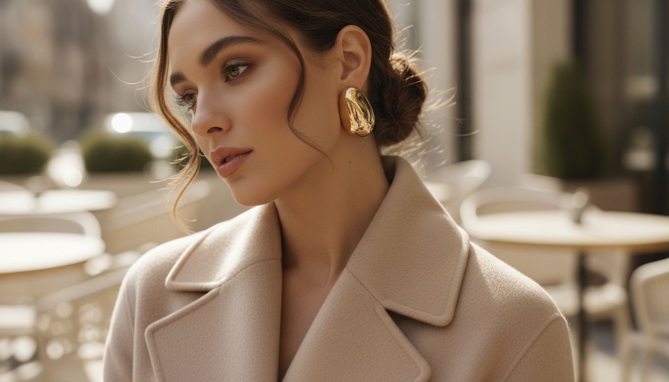 Девушка в бежевом кашемировом пальто, из-под которого видны большие золотые серьги-пуссеты в форме капли.