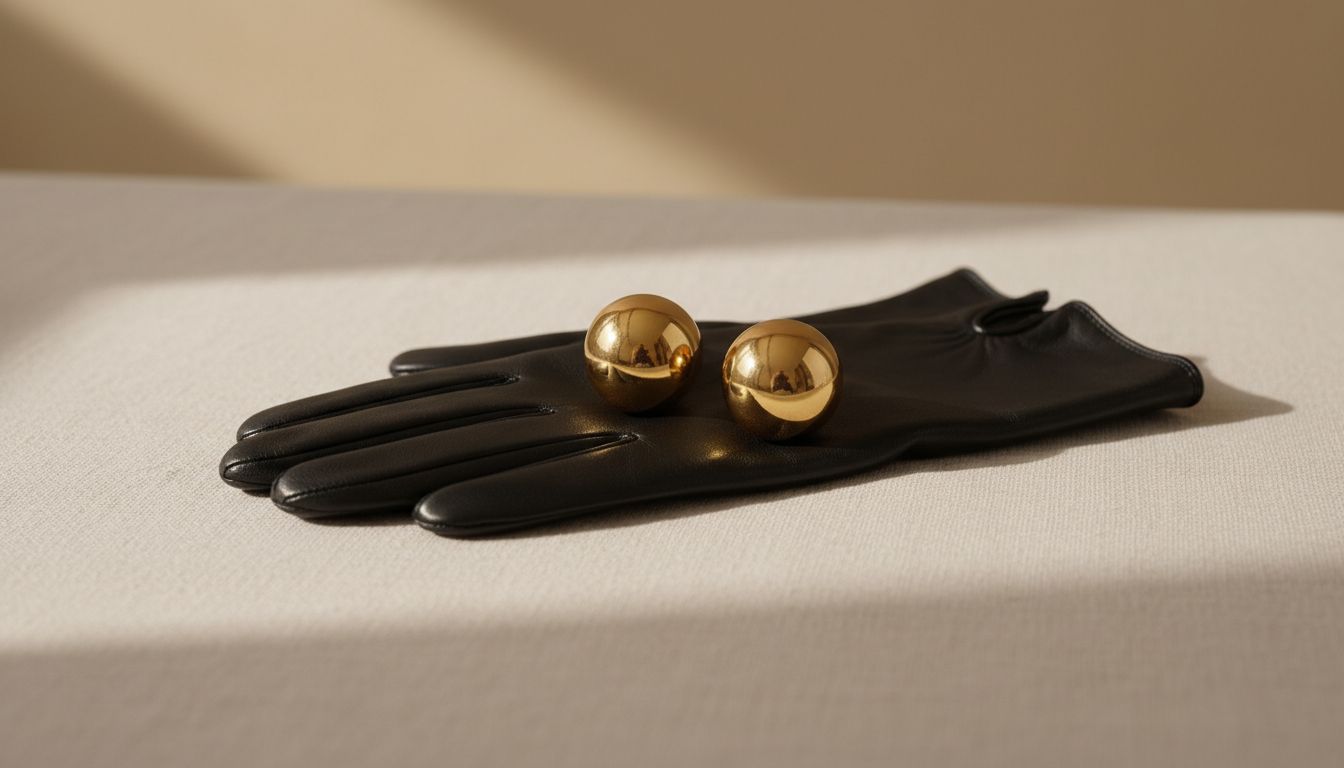 Стилизованный натюрморт: на перчатках из тонкой кожи лежат две массивные серьги-пуссеты, напоминающие золотые шары.