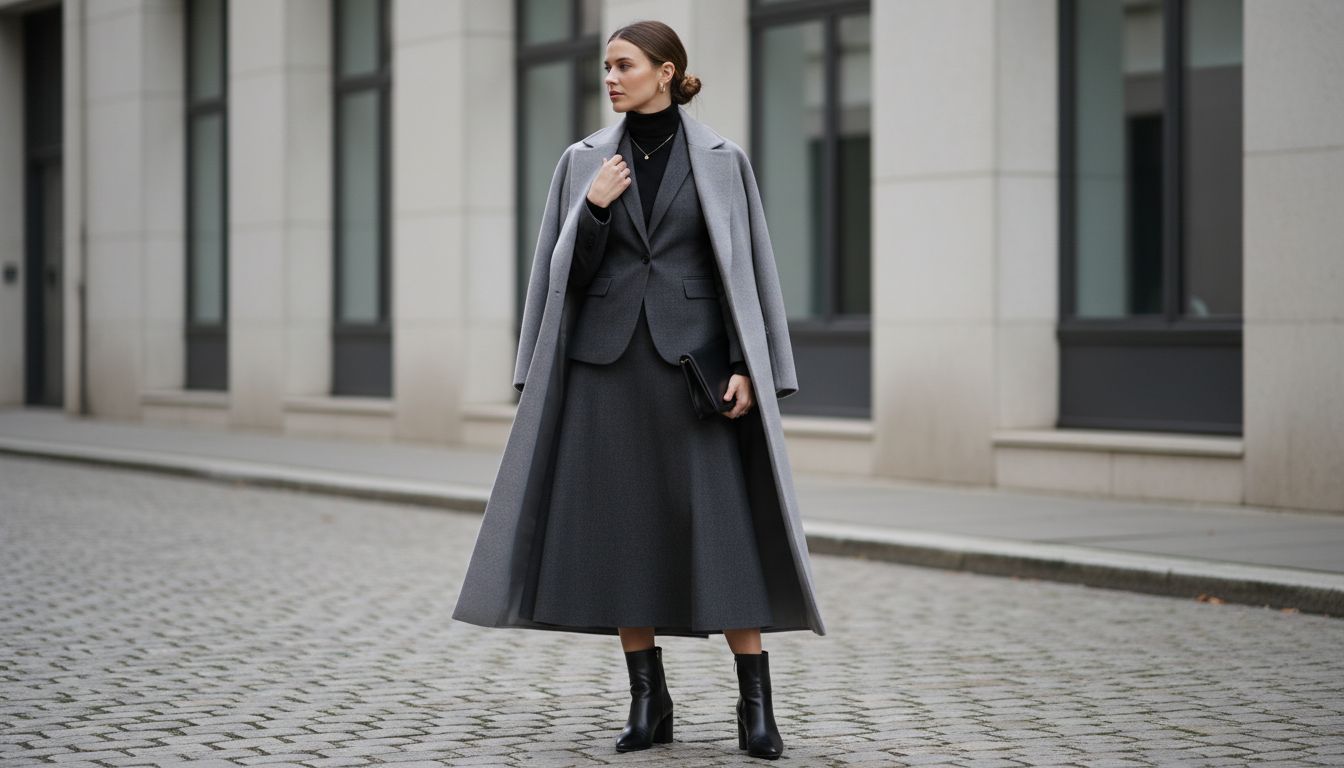 Девушка в костюме с юбкой-миди из серой шерсти, дополненном черными ботильонами и длинным кашемировым пальто.